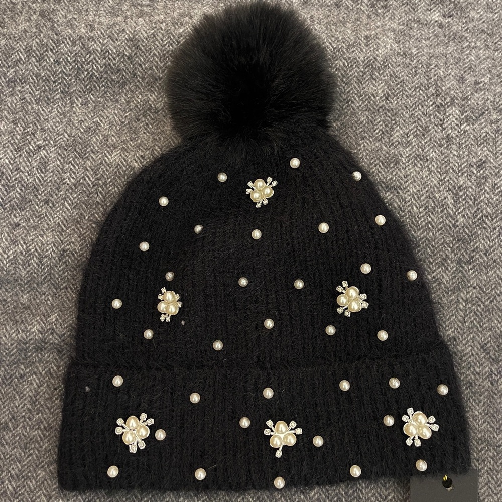 Black Beanie with Pearl Embellishments